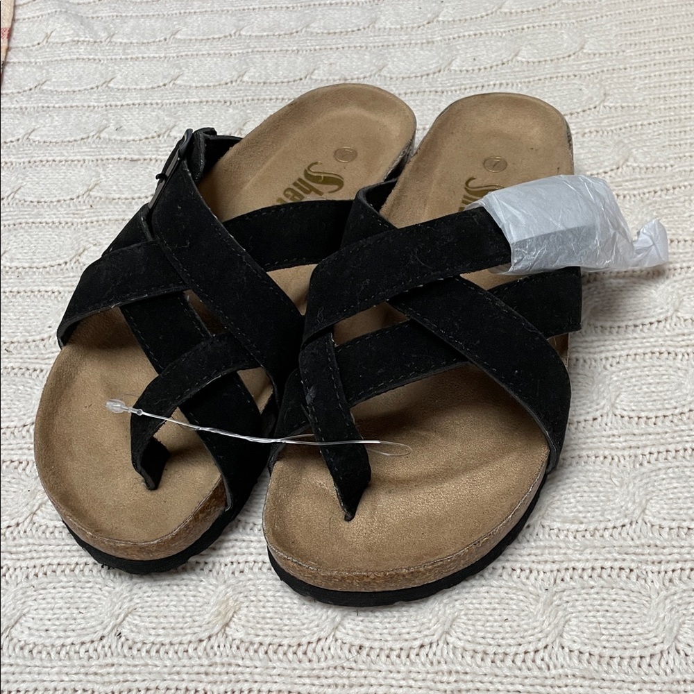 New SHELN Black Cross-Strap Women's Sandals Thongs cork footbed Sz 7 buckle